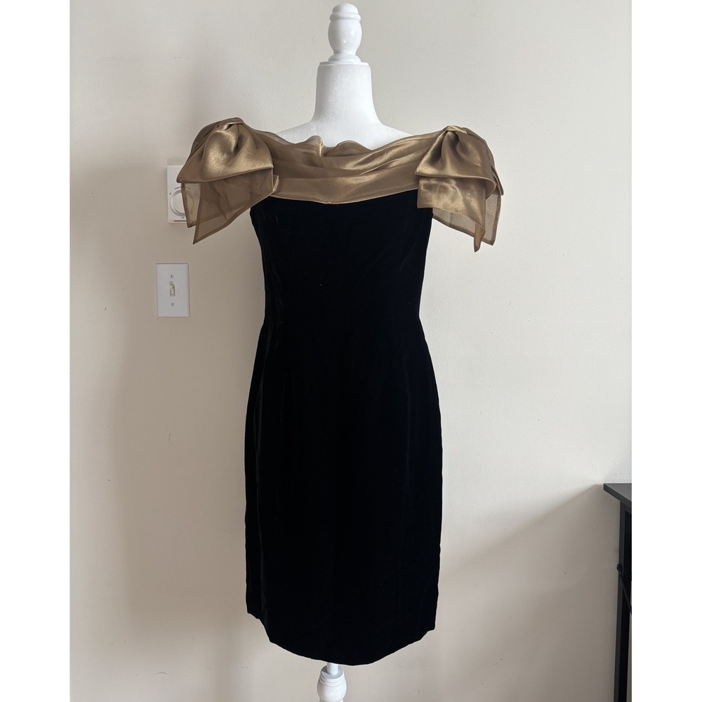 Vintage 80s Prom Dress Black Velvet Metallic Gold Bow Morten Myles Size‎ 6